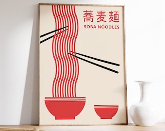 Konsttryck med japanska sobanudlar, retro köksinredning