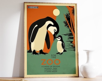 May include: A vintage-style poster advertising the London Zoo. The poster features two penguins, one large and one small, with a green, orange, and white color scheme. The text reads "For the Zoo, A choice of stations: Regents Park, Camden Town, St. Johns Wood."