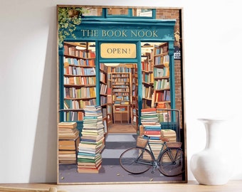 Vintage Bookshop Poster, Retro Book Lover Art, Library Wall Decor