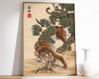 Vintage Japanese Tiger Art Print, Animal Wall Decor