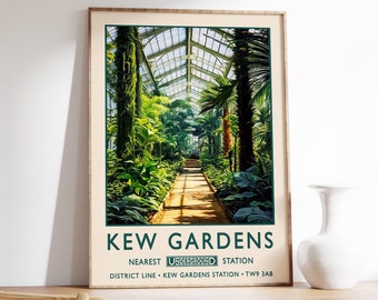 May include: A vintage-style poster for Kew Gardens, featuring a green and white colour scheme. The poster depicts a lush, indoor garden with a walkway leading to a glass ceiling. The text reads "Kew Gardens" with the words "Nearest Underground Station" and "District Line - Kew Gardens Station - TW9 3AB" below.