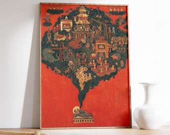 May include: A framed painting depicting a colorful, detailed illustration of a Buddhist mandala. The mandala is a circular design with a central figure surrounded by various symbols and figures. The painting is set against a red background.