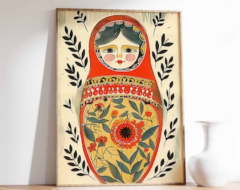 Lámina artística de muñeca Matryoshka, decoración folclórica de Europa del Este.