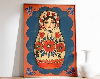 Lámina artística de muñeca Matryoshka, decoración folclórica de Europa del Este.