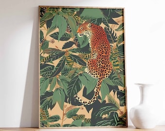 Vintage Dschungel Tiger Kunstdruck, botanisches Wanddekor