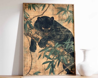 Panther Print, Tiger Poster, Botanical Decor, Jungle Art, Japanese Tiger Art, Indian Tiger Art, Tropical Wall Art, Vintage Animal Art