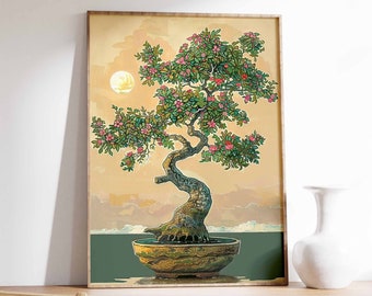 Japanese Bonsai Tree Art Print, Oriental Wall Decor