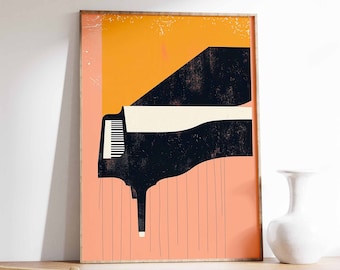 May include: A black and white illustration of a piano with a yellow background. The piano is partially obscured by a pink and orange background.