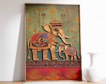 May include: A framed illustration of two intricately decorated elephants, one larger than the other, standing on a patterned rug. The elephants are adorned with gold, red, blue, and green details, and the background features a green and gold floral pattern.