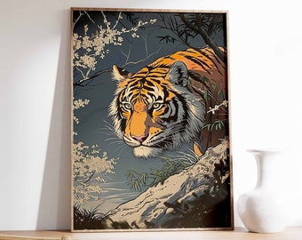 Tiger Print, Vintage Tiger Poster, Botanical Decor, Jungle Art, Japanese Tiger Art, Indian Tiger Art, Tropical Wall Art, Vintage Animal Art