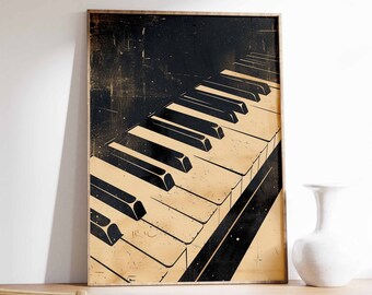 Puede incluir: Una ilustración en blanco y negro de un teclado de piano con un aspecto desgastado y vintage. Las teclas están en posición diagonal, con las teclas blancas mirando al espectador.