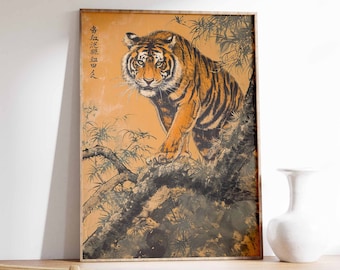 Vintage Japanese Tiger Art Print, Botanical Jungle Decor
