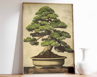 Japanese Bonsai Tree Art Print, Oriental Wall Decor