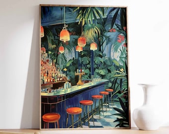 Impressão artística retrô de bar de coquetéis, decoração vintage para cozinha.