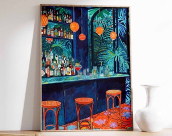 Impressão artística retrô de bar de coquetéis, decoração vintage para cozinha.