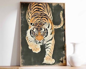 Vintage Japanese Tiger Art Print, Botanical Jungle Decor