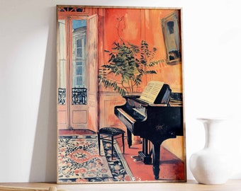 May include: A framed painting of a room with a grand piano, a potted plant, and a patterned rug. The walls are a warm orange color and the piano is black.