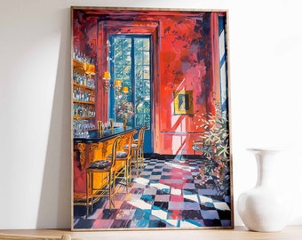 Impressão artística retrô de bar de coquetéis, decoração vintage para cozinha.