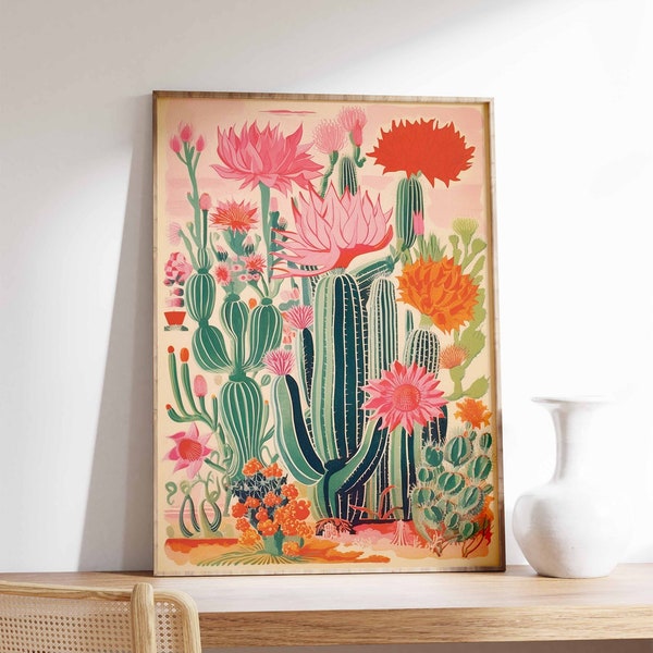 Vintage Mexican Cactus Poster, Colourful Mexican Art Print, Traditional Mexican Artwork, Floral Vintage Poster, Latin Decor, Cultural Gift