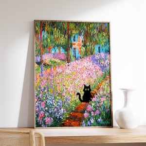 モネのアーティストによる庭の猫のプリント、クロード・モネの猫のポスター、猫のアート、猫のギフト、動物アート、花柄プリント、壁アート装飾、A1/A2/A3/A4