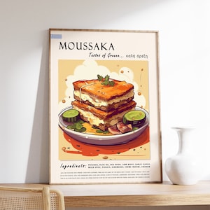 Moussaka Food Poster, Greek Food Print, Kitchen Decor, Food and Drink Art, Greece Gift, Food Gift, Mediterranean Food Poster, Greece Art