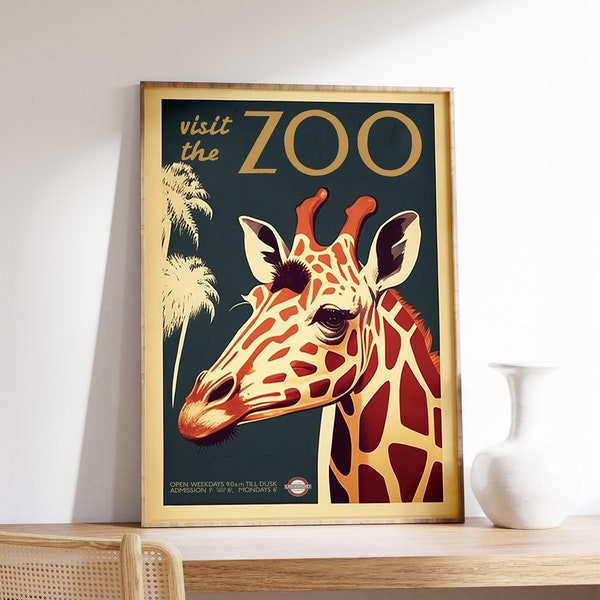 Vintage London Zoo Poster, Giraffe, Retro London Zoo Print, Historical Museum Print, Vintage Wall Art, Animal Art Gift, Gift, A1/A2/A3/A4
