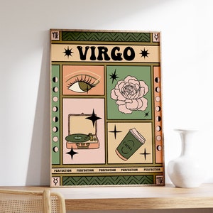 Affiche signe astrologique de la Vierge, impression carte de tarot du zodiaque, décoration murale signe astrologique, art mural bohème, décoration spirituelle, impression astrologie, A1/A2/A3/A4