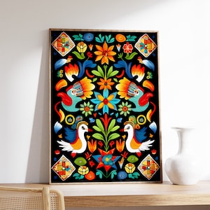 Mexican Floral Poster, Mexican Art Print, Floral Wall Art, Psychedelic Poster, Latin American Artesanía, Vintage Mexican Decor, Gift Idea