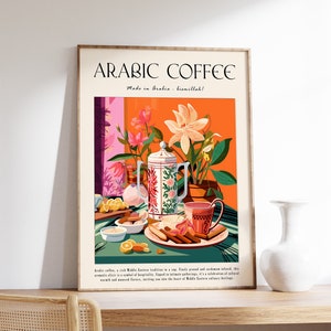 Póster de café, impresión de café árabe, decoración de cocina, arte retro del café, arte de comida islámica, póster de comida y bebida, impresión de comida y bebida
