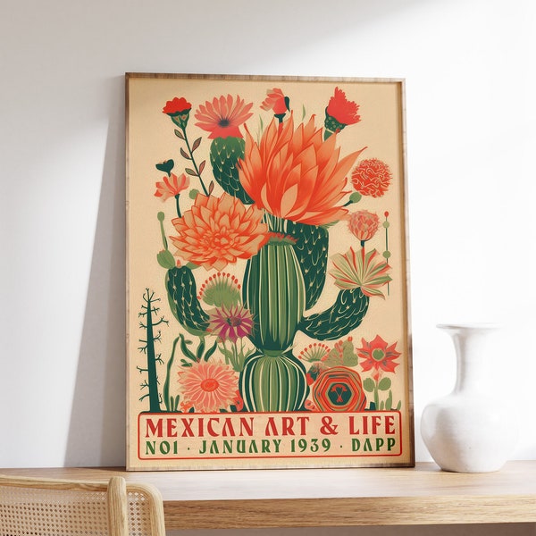 Vintage Mexican Cactus Poster, Colourful Mexican Art Prints, Traditional Mexican Artwork, Floral Vintage Poster, Latin Decor, Cultural Gift