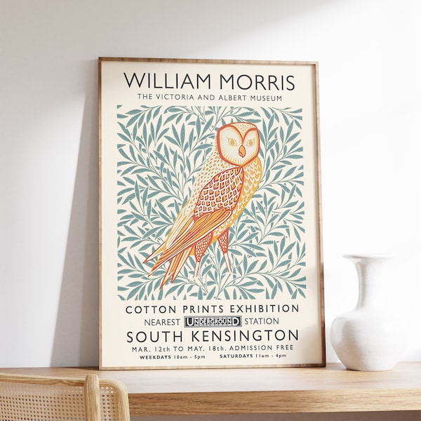 William Morris Floral Owl Art Print, William Morris Exhibition Poster, Vintage Poster, Animal Art, Floral Print, Animal Art, Wall Art Decor