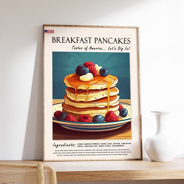 American Pancakes Food Print, American Food Poster, Sweet Food Art, Food and Drink Print, Kitchen Poster, Food Art, Retro Print, Food Decor