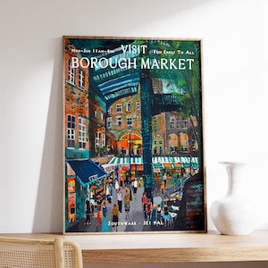 Impresión del mercado de Borough, póster turístico de Londres, arte de viajes a Londres, arte vintage de Londres, decoración botánica, arte floral de pared, decoración vintage