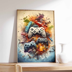 Könnte beinhalten: Ein farbenfrohes abstraktes Gemälde mit mehreren Videospielcontrollern, darunter ein weißer, schwarzer und blauer Controller. Die Controller sind von einer Vielzahl von bunten Formen und Linien umgeben, die eine dynamische und energiegeladene Komposition erzeugen.