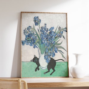 Van Gogh Floral Cat Print, Van Gogh Cat Poster, Irises by Van Gogh, Cat Art, Floral Print, Animal Poster, Animal Gift, Wall Art Decor