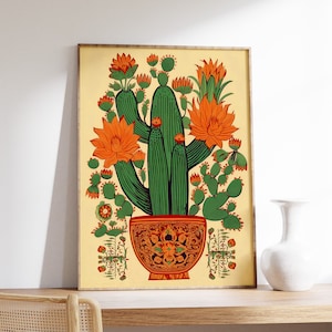 Vintage Mexikanische Kaktus Poster, Bunte mexikanische Kunstdrucke, Traditionelle Mexikanische Kunstwerk, Blumen Vintage Poster, Latein Dekor, Kulturelles Geschenk