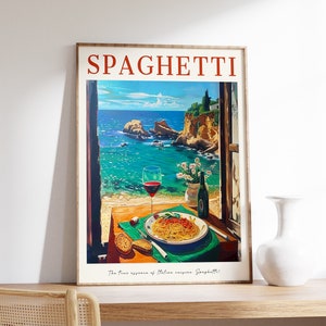 Food Print, Spaghetti Poster, Italian Food Art, Pasta Art, Food and Drink Art, Kitchen Decor, Poster for Kitchen, Retro Food Print, Cafe Art