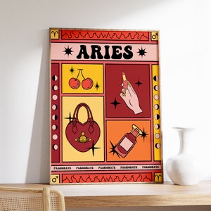 Cartaz do signo da estrela de Áries, impressão de cartão de tarô do zodíaco, decoração de parede de signo de estrela, arte de parede boho, decoração espiritual, impressão de astrologia, A1/A2/A3/A4