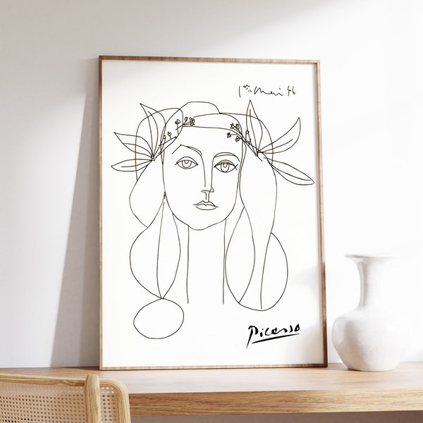 Impressão em pôster de arte minimalista feminina de Picasso, qualidade de galeria.