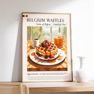 Belgian Waffles Dessert Poster, Belgian Food Print, Belgian Dessert Poster, Kitchen Print, Kitchen Decor, Food Art, Food & Drink Art