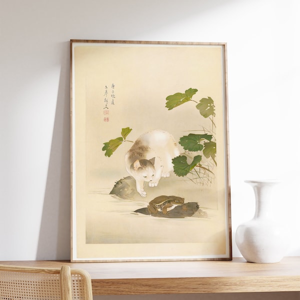 Japanese Cat Poster, Japanese Cat Art Print, Cat and Frog, Animal Wall Art Decor, Animal Art Print, Cat Lovers Gift, Oriental, A1/A2/A3/A4