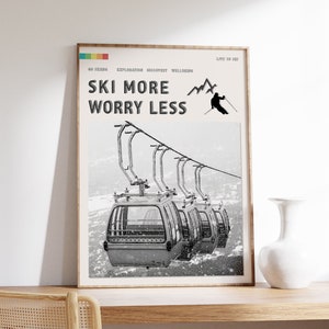 Poster Ski plus de soucis, impression d'art aventure en plein air dans les Alpes, sports d'hiver, noir et blanc vintage, idée cadeau ski, A1/A2/A3/A4