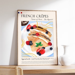 French Crepes Food Poster, Pancacke Dessert Print, French Food Art, Kitchen Decor, Cooking Poster, Cafe Poster, Retro Food Print, Food Gift
