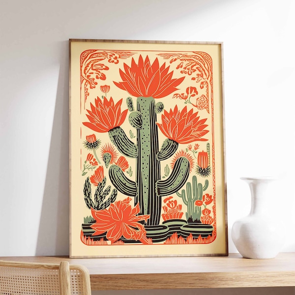 Póster vintage de cactus mexicano, impresión de arte mexicano colorido, obra de arte tradicional mexicana, póster vintage floral, decoración latina, regalo cultural