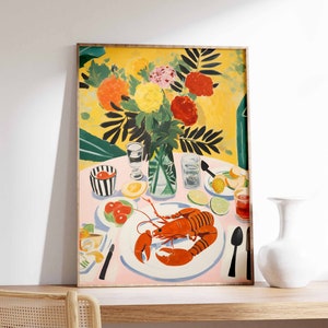 Vintage Seafood Print, Retro Lobster Food Art, Vintage Kitchen Poster, Kitchen Decor, Food Illustration Art, Food Poster, Gift for Chef