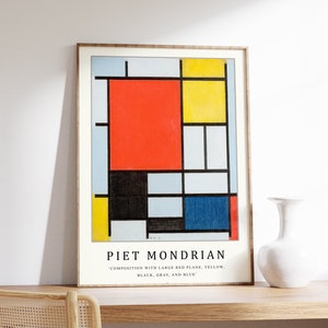 Póster de Piet Mondrian, composición con gran plano rojo, impresión artística de Piet Mondrian, póster de la Bauhaus, arte abstracto, cubismo, arte moderno, regalo