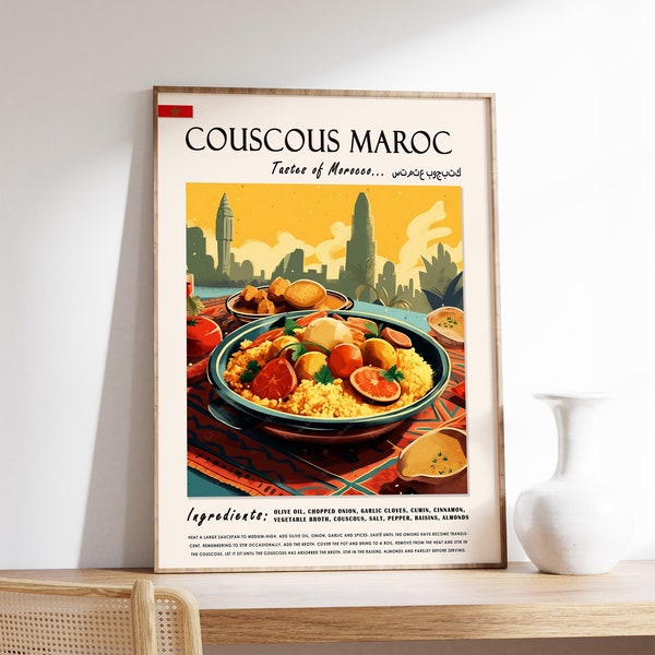 Couscous Maroc Marokkanisches Essensposter, marokkanischer Lebensmitteldruck, afrikanische Lebensmittelkunst, nahöstliches Lebensmittelplakat, exotische Lebensmittelkunst, Küchendekoration