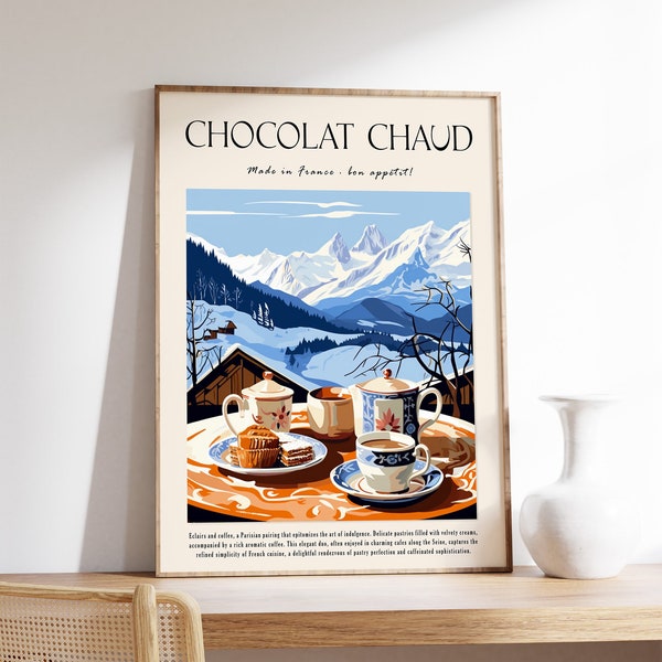 Food and Drink Poster, Hot Chocolate Art, Kitchen Decor, Cafe Decor, Dessert Wall Art, French Food Art, Gift for Cook, Cooking Wall Print