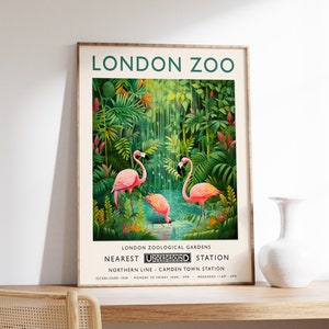 Impresión del zoológico de Londres, impresión de flamencos, póster de animales, decoración botánica, arte de pared de Henri Rousseau, póster tropical, arte de la jungla, impresión de pared de safari