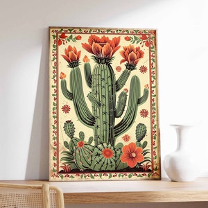 Vintage Mexikanische Kaktus Poster, Bunte mexikanische Kunstdruck, Traditionelle mexikanische Kunstwerk, Floral Vintage Poster, lateinisches Dekor, mexikanisches Geschenk